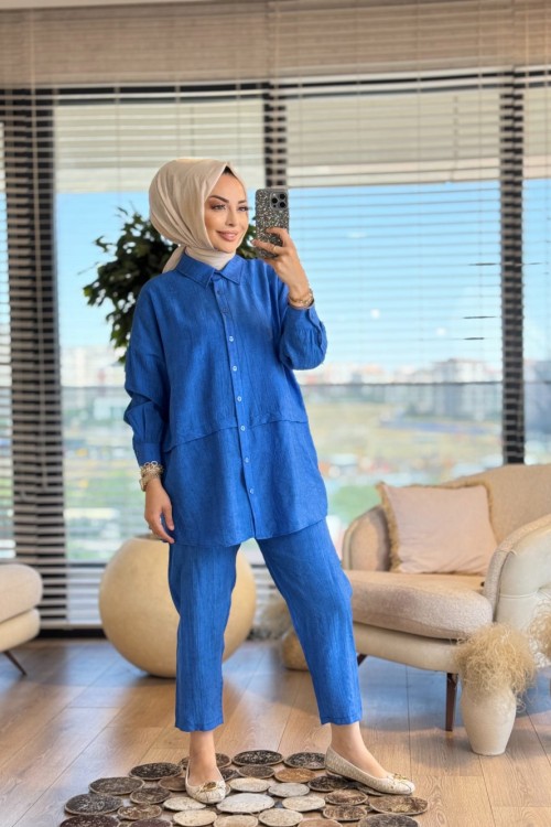 7504 Beli Şeritli Pantolon Takım Saks