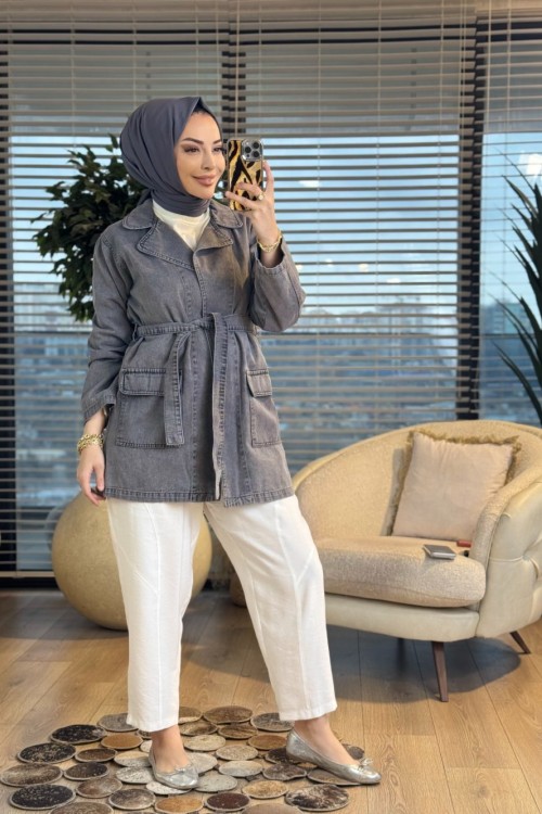 7507 Şal Dügmesiz Kot Trenç Gri
