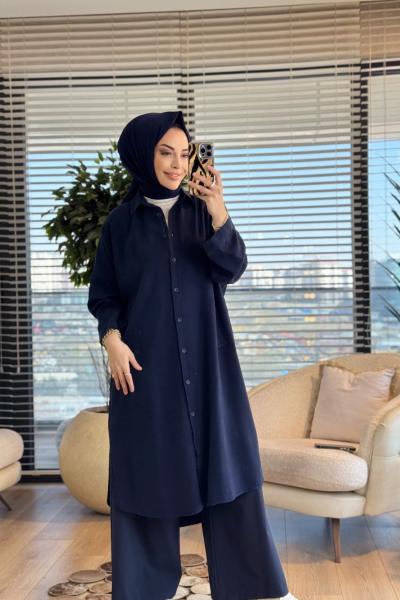 7509 Tencel Ön Düğmeli Cep Kapaklı Uzun Tunik Lacivert