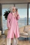 7509 Tencel Ön Düğmeli Cep Kapaklı Uzun Tunik Pembe