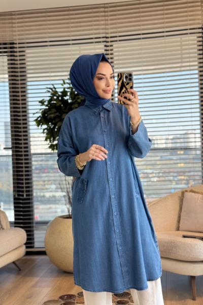 7509 Tencel Ön Düğmeli Cep Kapaklı Uzun Tunik Açık Mavi