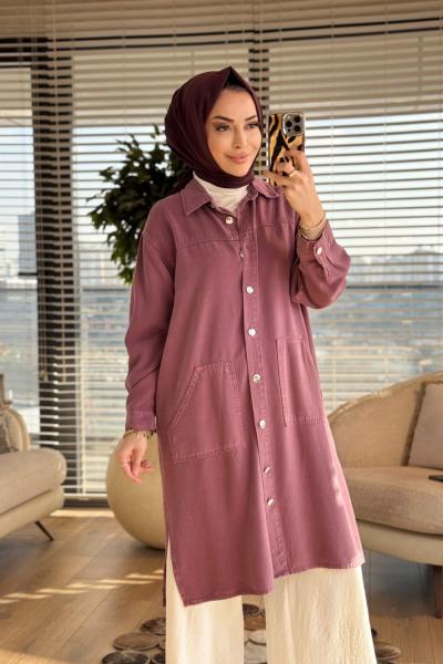 7511 Tencel Ön Cepli Metal Düğmeli Uzun Tunik Mürdüm