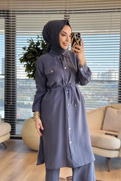 7513 Uzun Tunik Tek Cepli Takım Gri