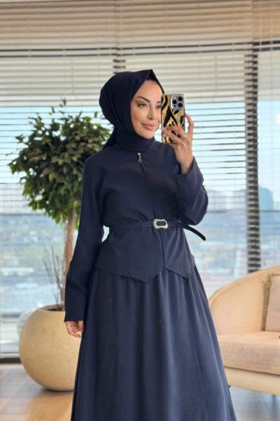 7520 Ön Fermuarlı Kemerli Etekli Takım Lacivert