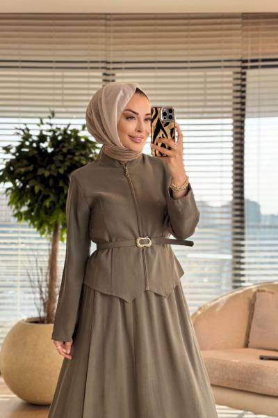 7520 Ön Fermuarlı Kemerli Etekli Takım Haki