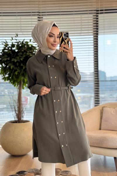 7522 Ön İki Sıra Metal Düğmeli Uzun Tunik Haki