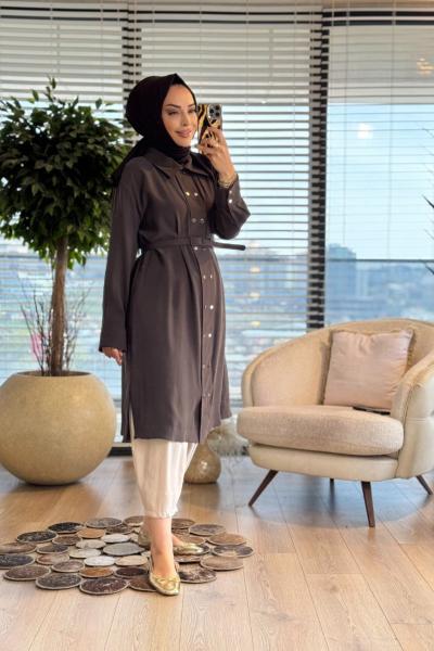 7522 Ön İki Sıra Metal Düğmeli Uzun Tunik Kahve
