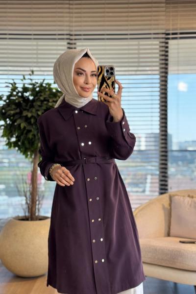 7522 Ön İki Sıra Metal Düğmeli Uzun Tunik Mürdüm