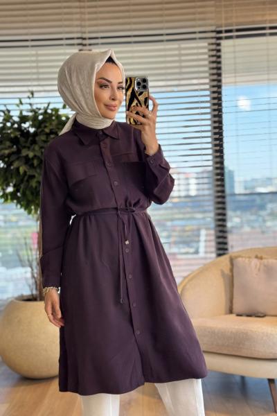 7524 Roba Cep Kapaklı Ve Dikişli Uzun Tunik Mürdüm