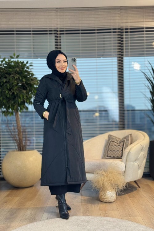 7618 Ön Fermuarlı Kapşonlu Kap Siyah