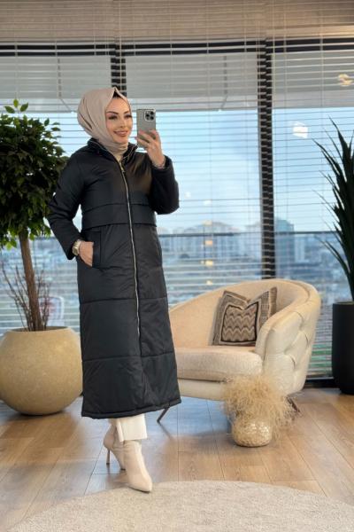 7619 Bel Parça Detaylı Ön Fermuarlı Kaban Siyah