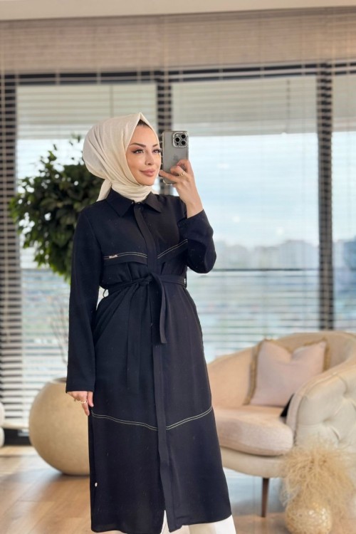 7642 Roba Parçalı Fermuarlı Kap Siyah