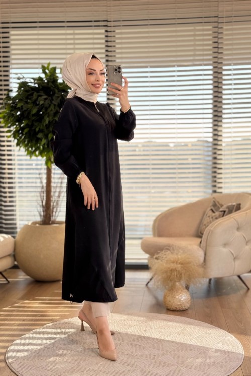 7643 Yakasız Fermuarlı Kap Siyah
