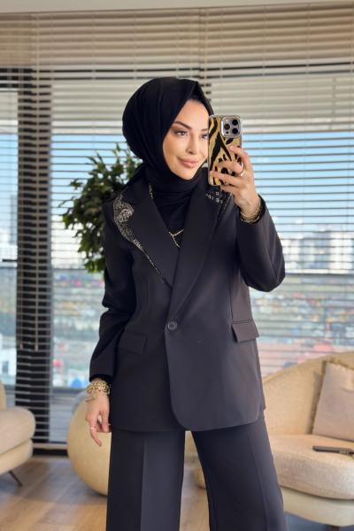 7665 Fular Detaylı Blazer Ceket Siyah