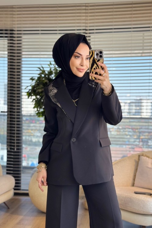 7665 Fular Detaylı Blazer Ceket Siyah