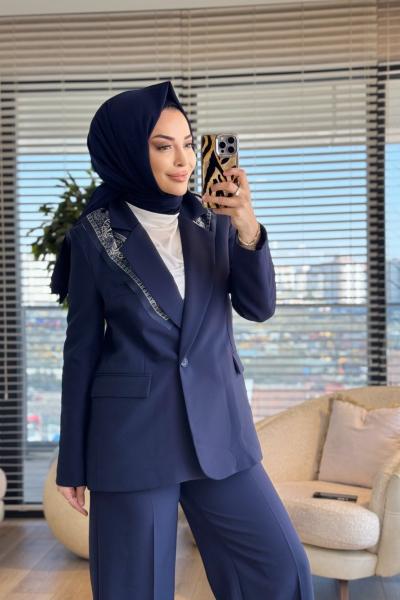 7665 Fular Detaylı Blazer Ceket Lacivert