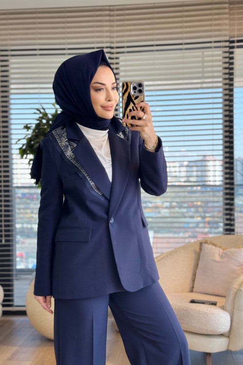 7665 Fular Detaylı Blazer Ceket Lacivert