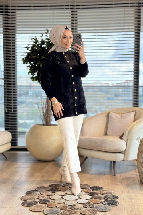 7701 Angora Boncuklu Oversize Hırka Siyah