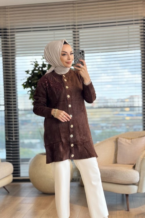 7701 Angora Boncuklu Oversize Hırka Kahve