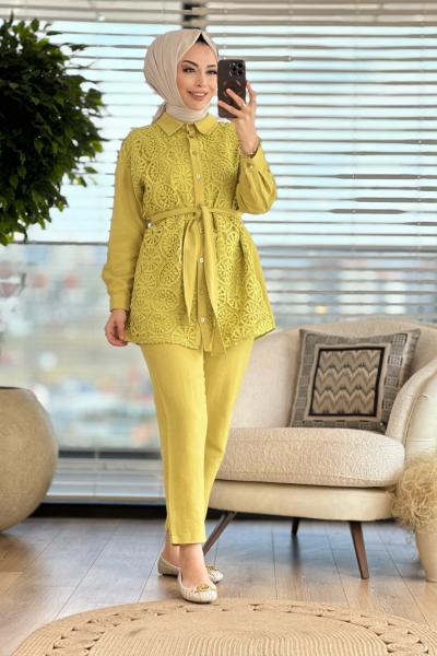 7758 Keten Önü Dantelli Takım Yağ Yeşili