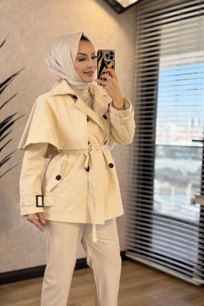7764 Pelerin Detaylı Trenç Taş