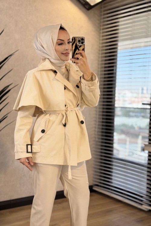 7764 Pelerin Detaylı Trenç Taş