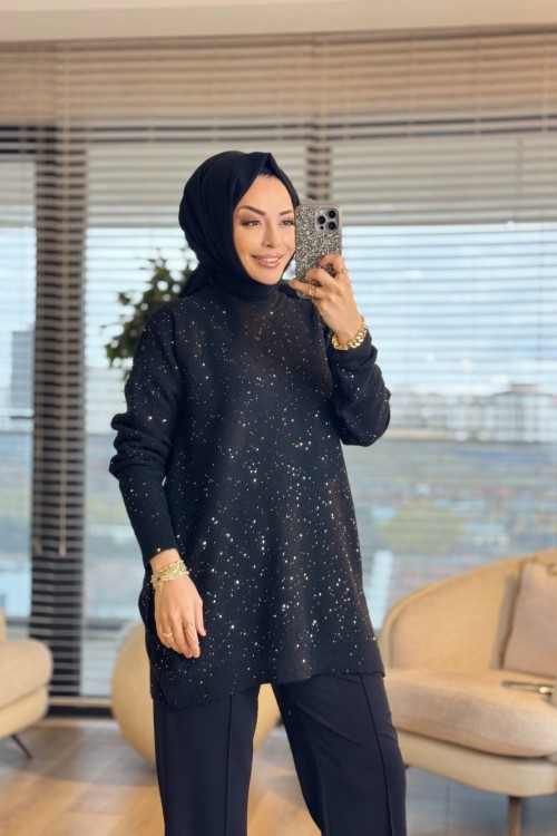 7765 Simli Ve Pullu Triko Tunik Siyah