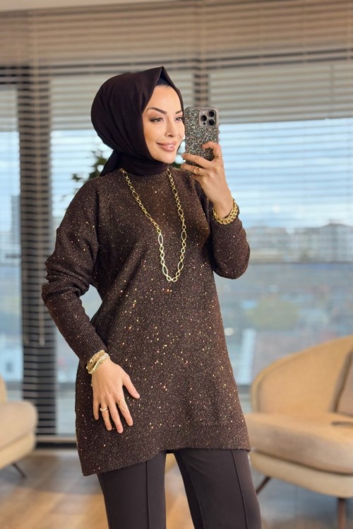 7765 Simli Ve Pullu Triko Tunik Kahve