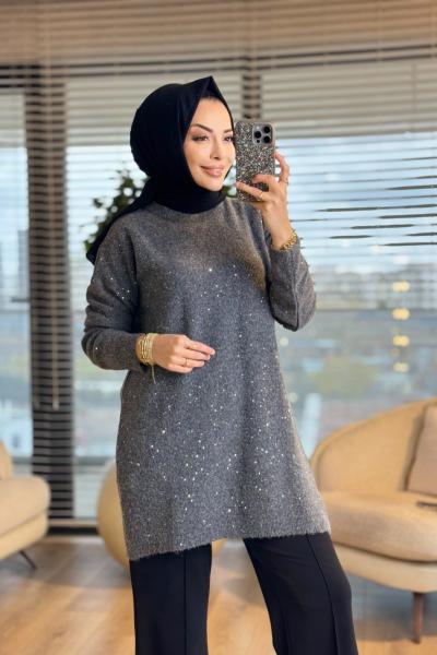 7765 Simli Ve Pullu Triko Tunik Antrasit