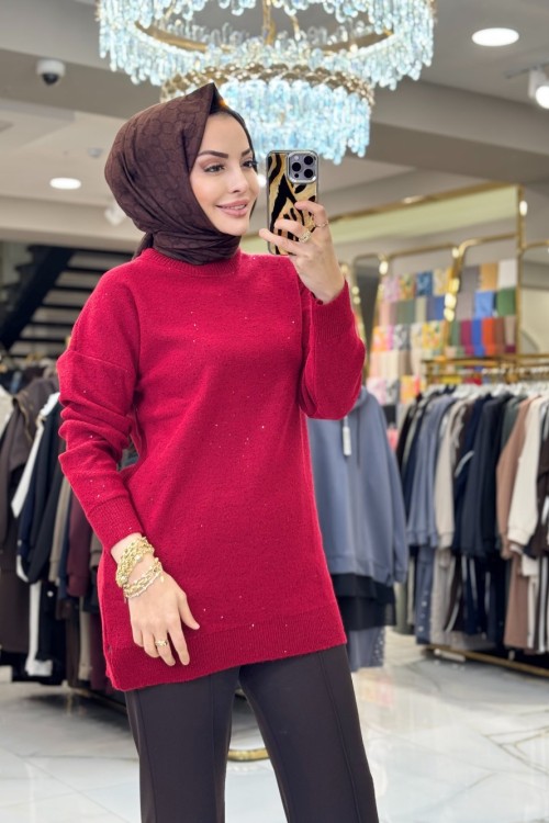 7765 Simli Ve Pullu Triko Tunik Kırmızı