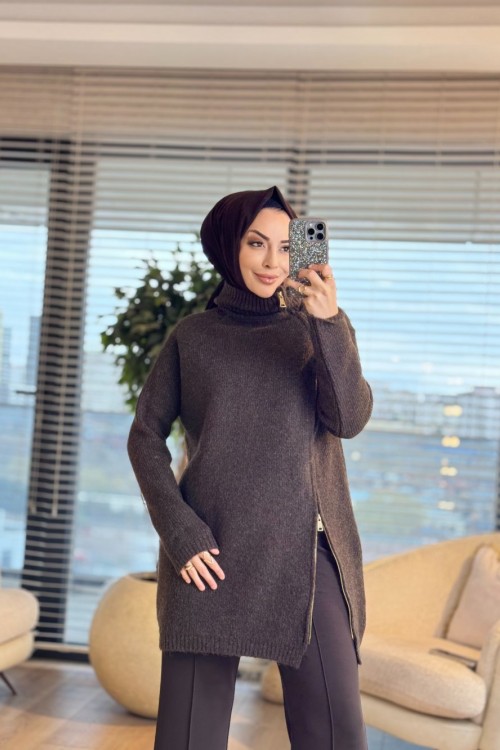 7768 Oslo Yandan Fermuarlı Triko Tunik Kahve