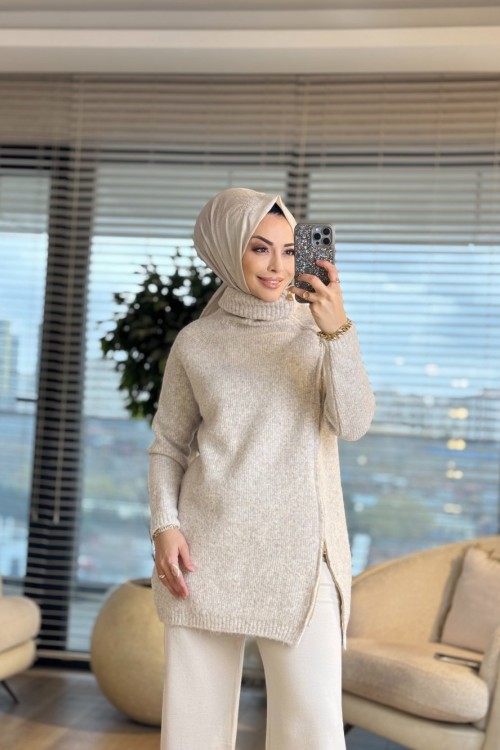 7768 Oslo Yandan Fermuarlı Triko Tunik Bej