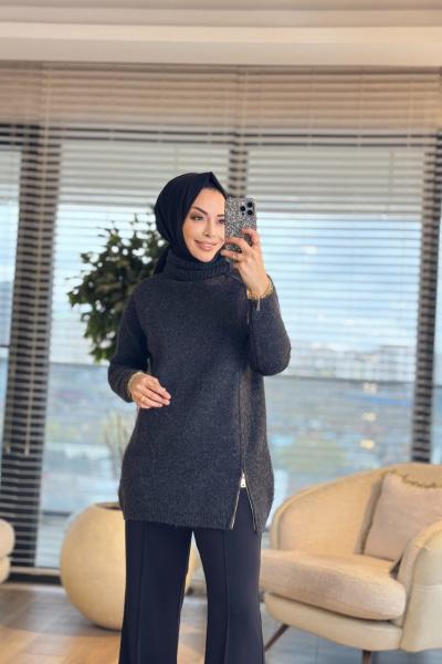 7768 Oslo Yandan Fermuarlı Triko Tunik Antrasit