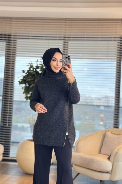 7768 Oslo Yandan Fermuarlı Triko Tunik Antrasit