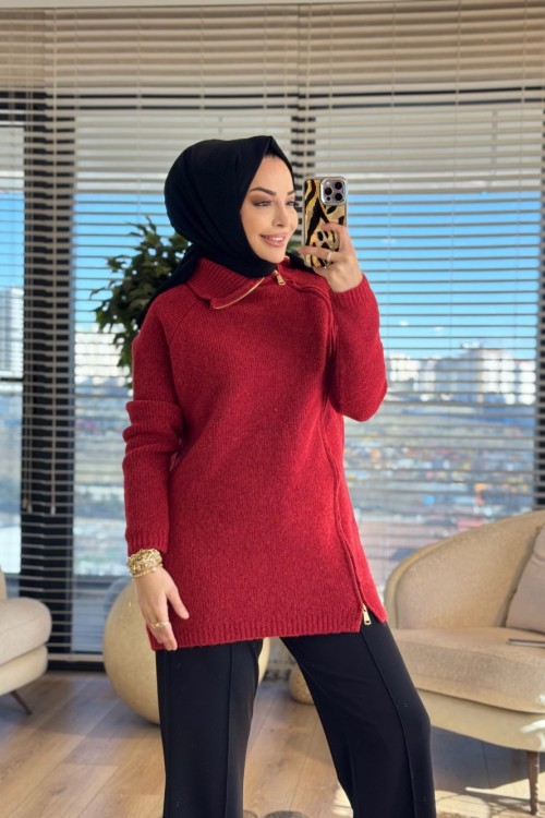 7768 Oslo Yandan Fermuarlı Triko Tunik Kırmızı