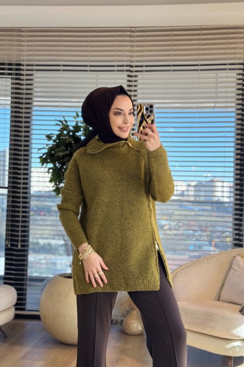 7768 Oslo Yandan Fermuarlı Triko Tunik Haki