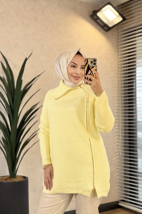 7768 Oslo Yandan Fermuarlı Triko Tunik Sarı