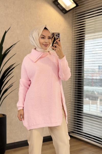 7768 Oslo Yandan Fermuarlı Triko Tunik Pembe