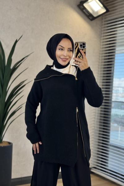 7768 Oslo Yandan Fermuarlı Triko Tunik Siyah