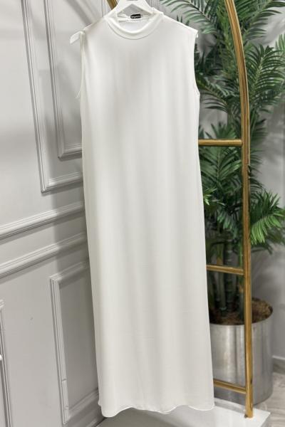 778 Ön Şifon Kolsuz Uzun Elbise Ekru