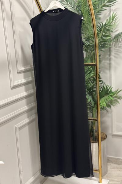 778 Ön Şifon Kolsuz Uzun Elbise Siyah