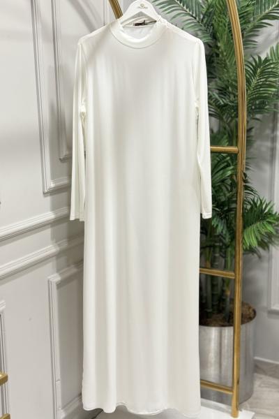 785 Yakalı Önü Şifon Uzun Kol Elbise Ekru