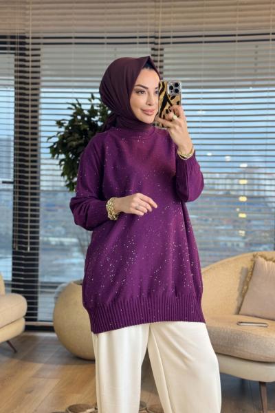 7880 Üstü Serpme Taşlı Triko Tunik Kahve