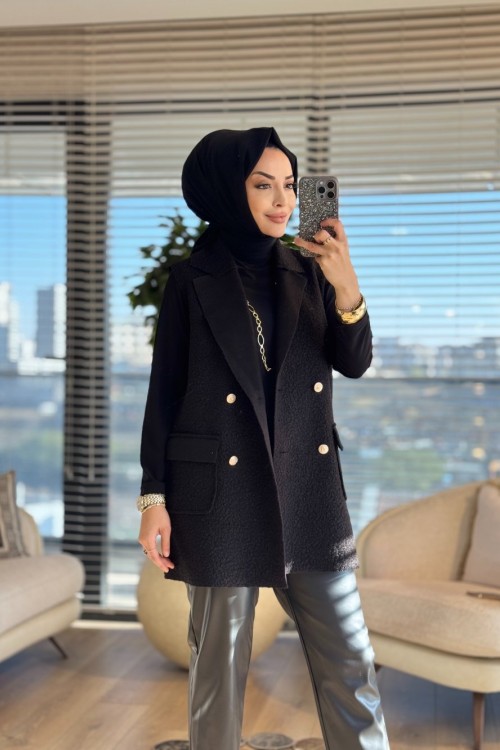 7889 Bukle Dört Düğmeli Yelek Siyah