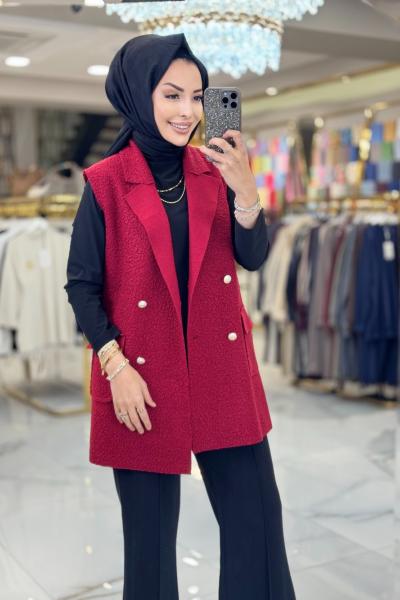 7889 Bukle Dört Düğmeli Yelek Bordo