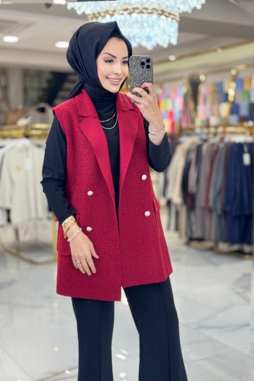 7889 Bukle Dört Düğmeli Yelek Bordo