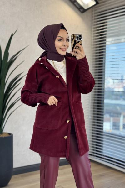 7890 Kapşonlu Kürk Kısa Kaban Bordo