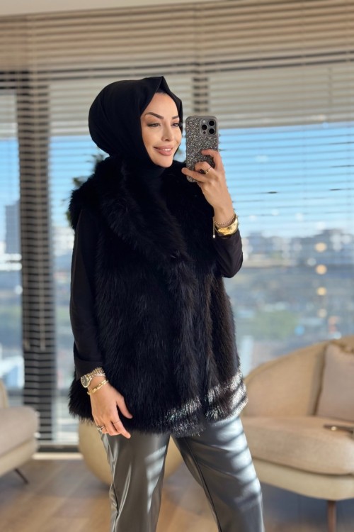 7921 Peluş Yakalı Düğmesiz Yelek Siyah