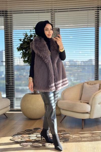 7921 Peluş Yakalı Düğmesiz Yelek Antrasit