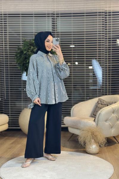 7939 Üst Çizgili Gömlek Pantolon Takım Siyah